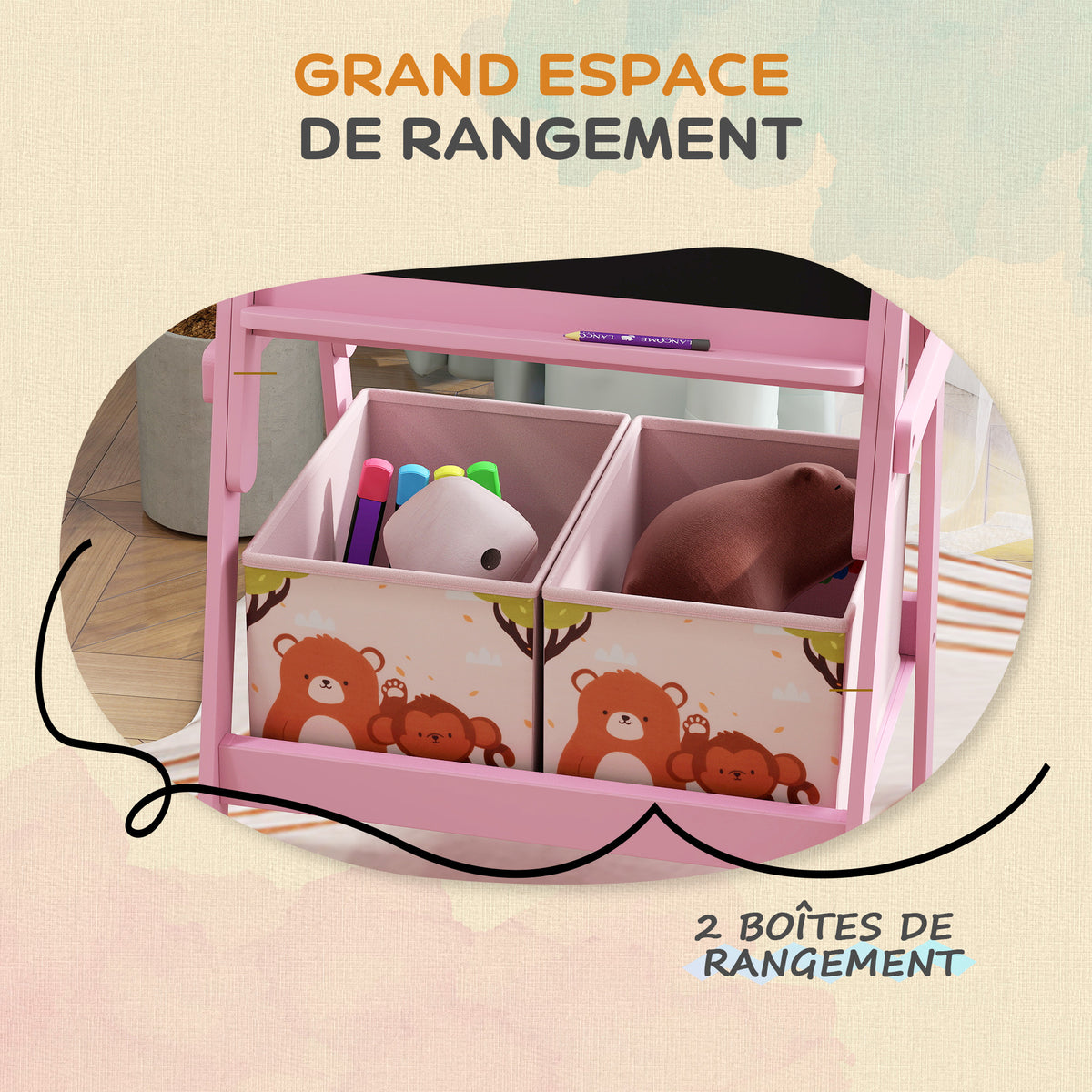 Tableau enfant chevalet enfant double face 2 boîtes de rangement pour enfants 3 - 8 ans 49 x 53,5 x 113 cm rose