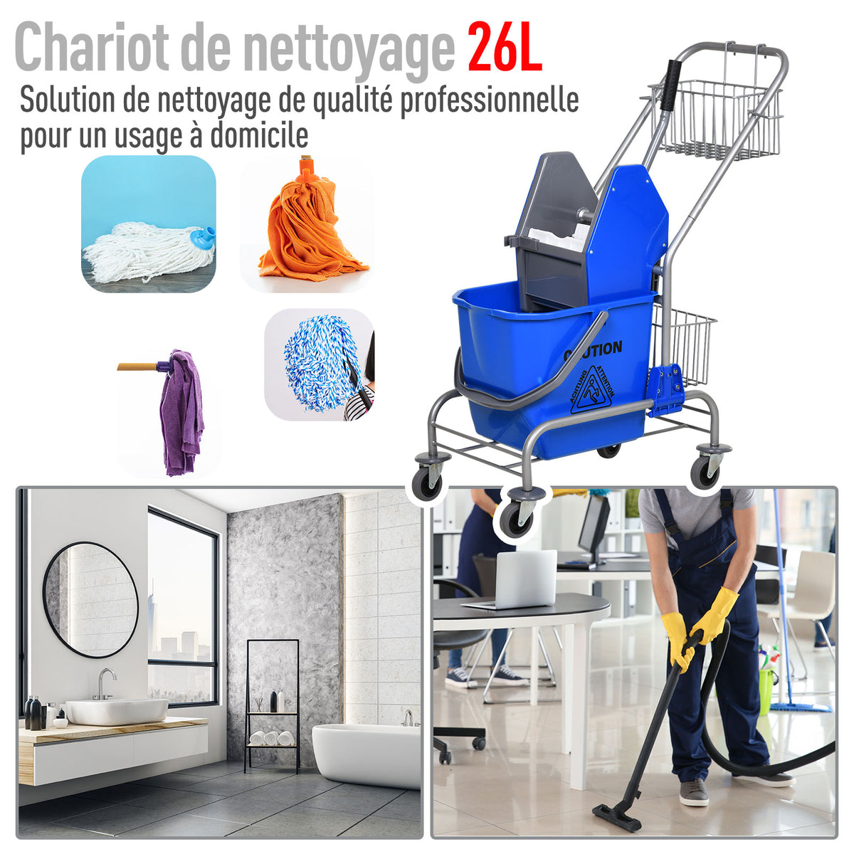 Carrello per pulizie carrello lavaggio carrello di pulizia professionale pressa a ganascia secchio 26 L + cestello portaoggetti dim. 73L x 45P x 95A cm blu