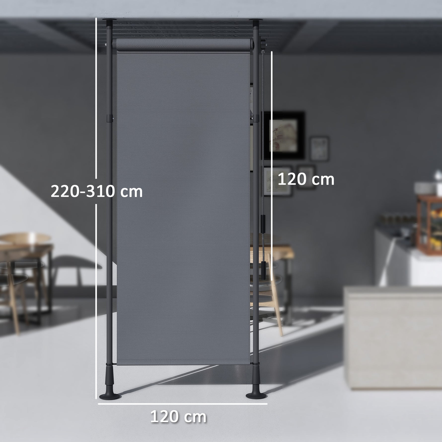 Store manuel rétractable sur pied longueur réglable manivelle installation sans perçage métal alu. polyester gris foncé
