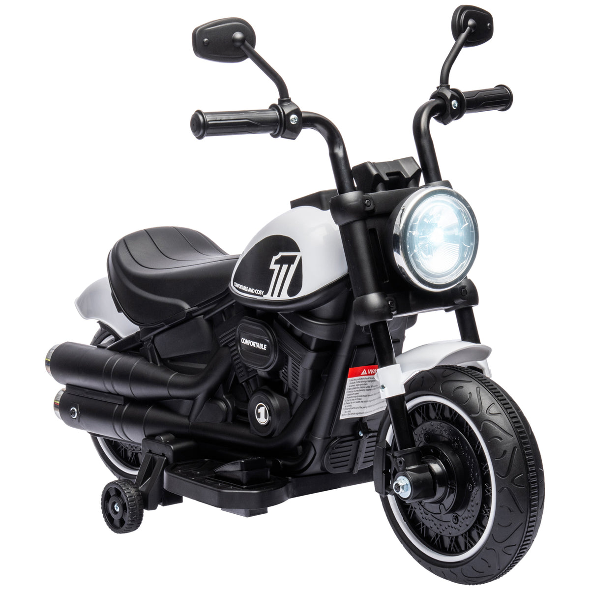 Electric motorcycle for kids 3 km/h 6V with LED headlight, 2 training wheels, for ages 18-36 months, with powerful motor, white