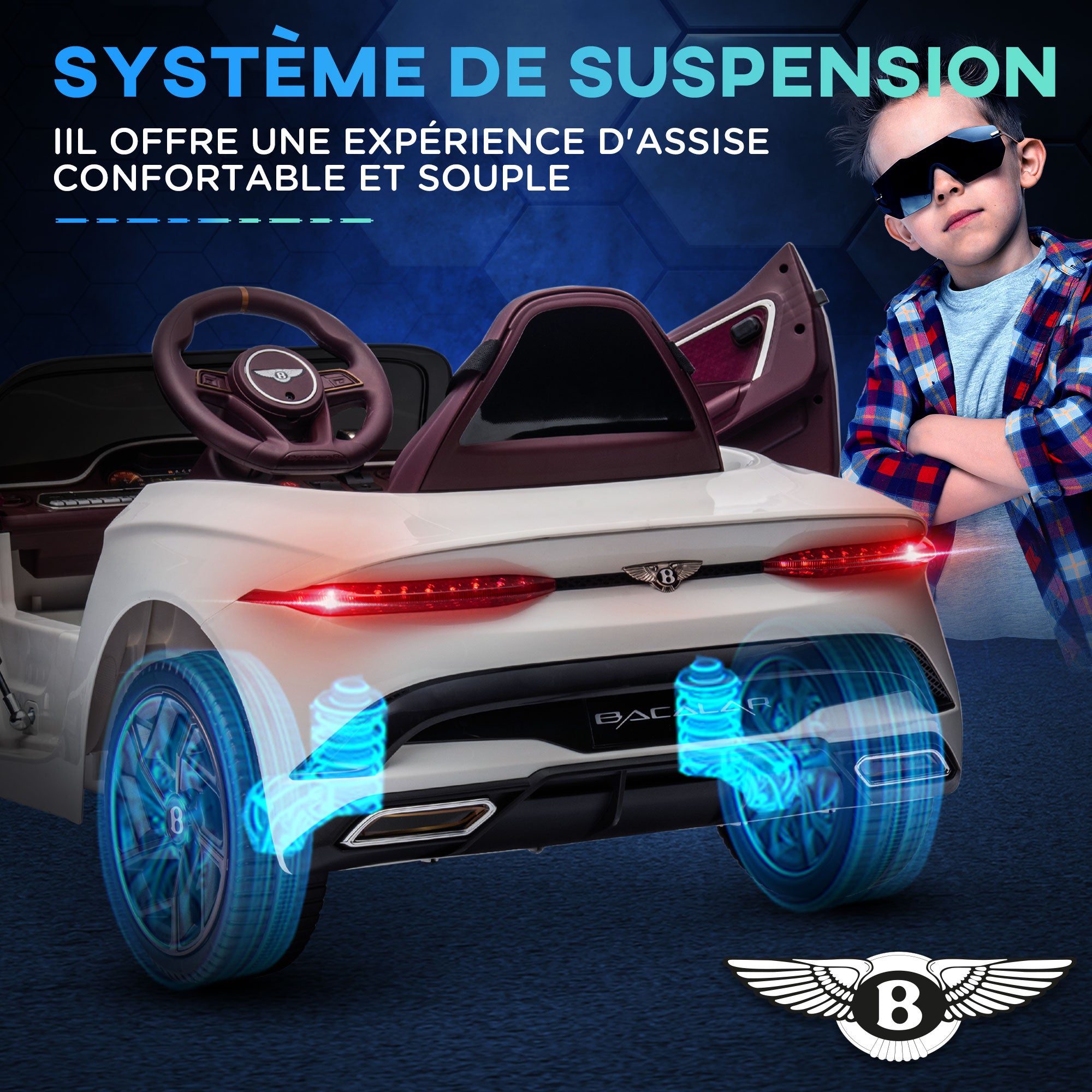 Elektroauto für Kinder von 3 bis 5 Jahren, 2 Motoren 12V 25W, 3-5 km/h, 2,4G-Fernbedienung, Bentley Bacalar weiß