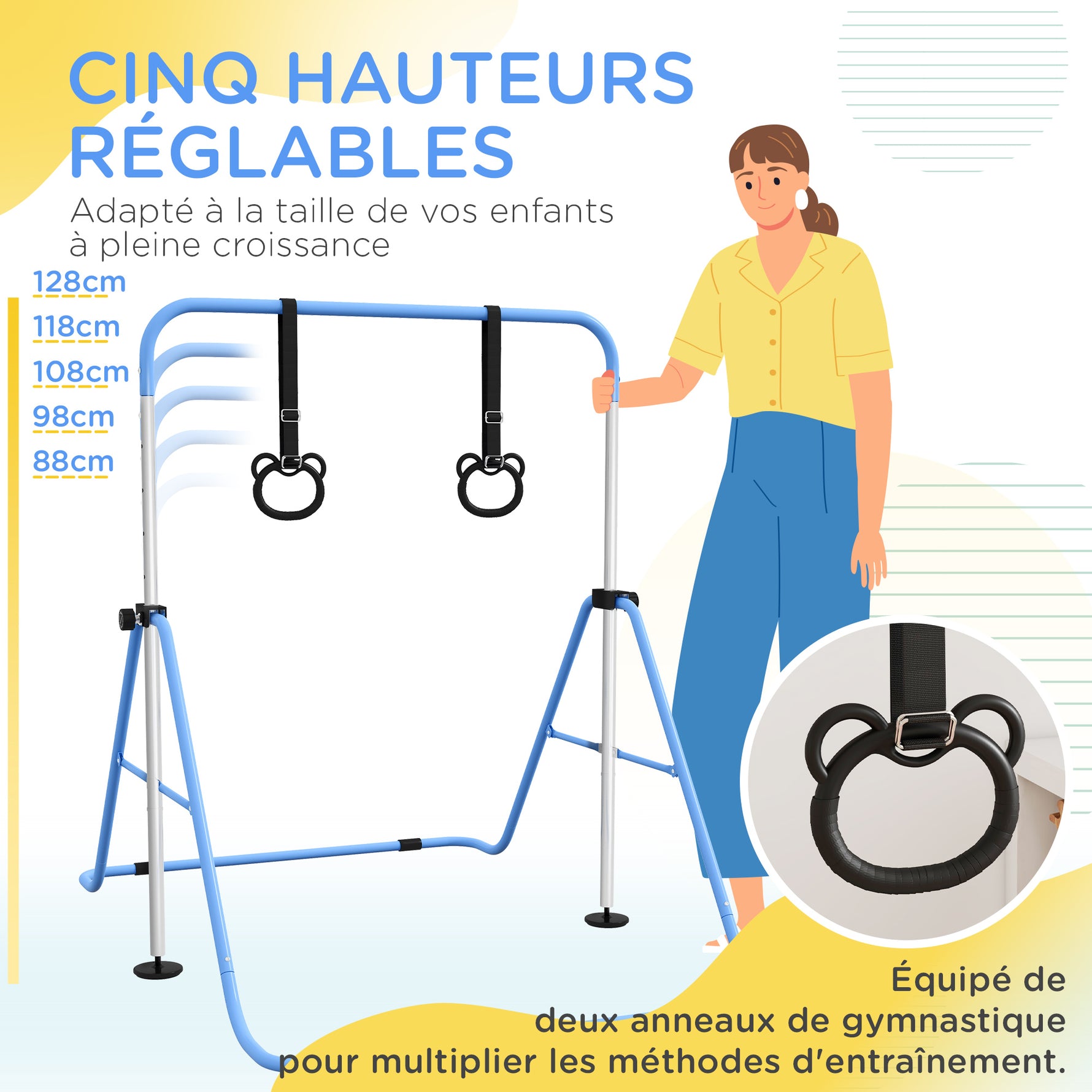 Barre de gymnastique pour enfants, barre horizontale pliable à hauteur réglable avec anneaux de gymnastique, bleu