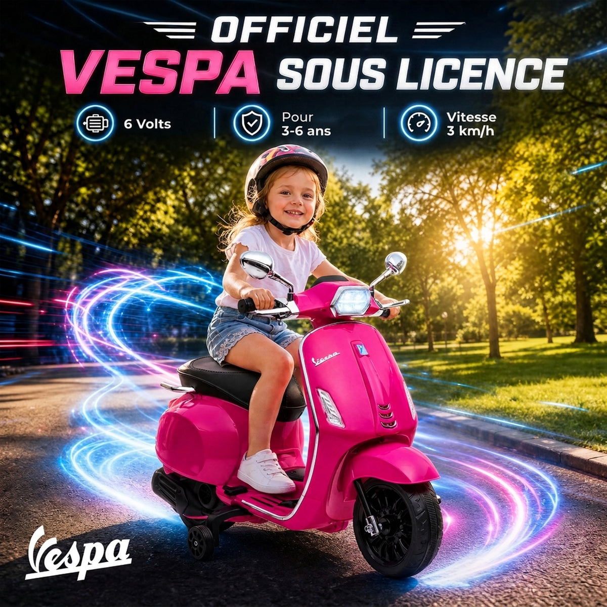 Scooter électrique enfant Vespa 6 V dim. 107L x 47l x 73H cm Musique MP3 Port USB Phare 2 roues d'entraînement - Rose