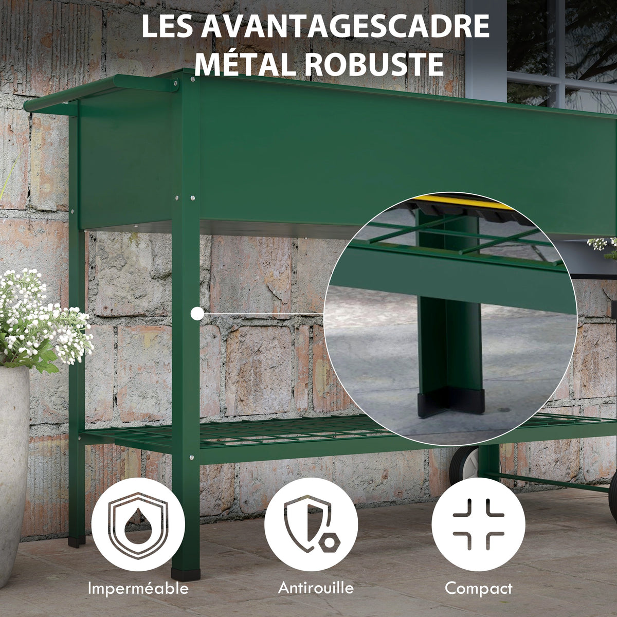 Jardinière sur Pieds Potager dim. 109L x 44l x 80H cm étagère 2 Roues + Insert d'irrigation métal Vert