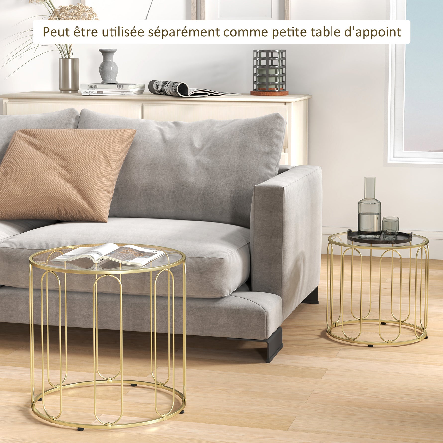 Lot de 2 tables basses gigognes rondes modernes avec cadre en métal et plateau en verre, ton doré