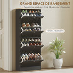 Meuble à chaussures 24 paires, armoire à chaussures avec 4 tiroirs rabattables, étagères réglables, 60x23,5x153cm, noir