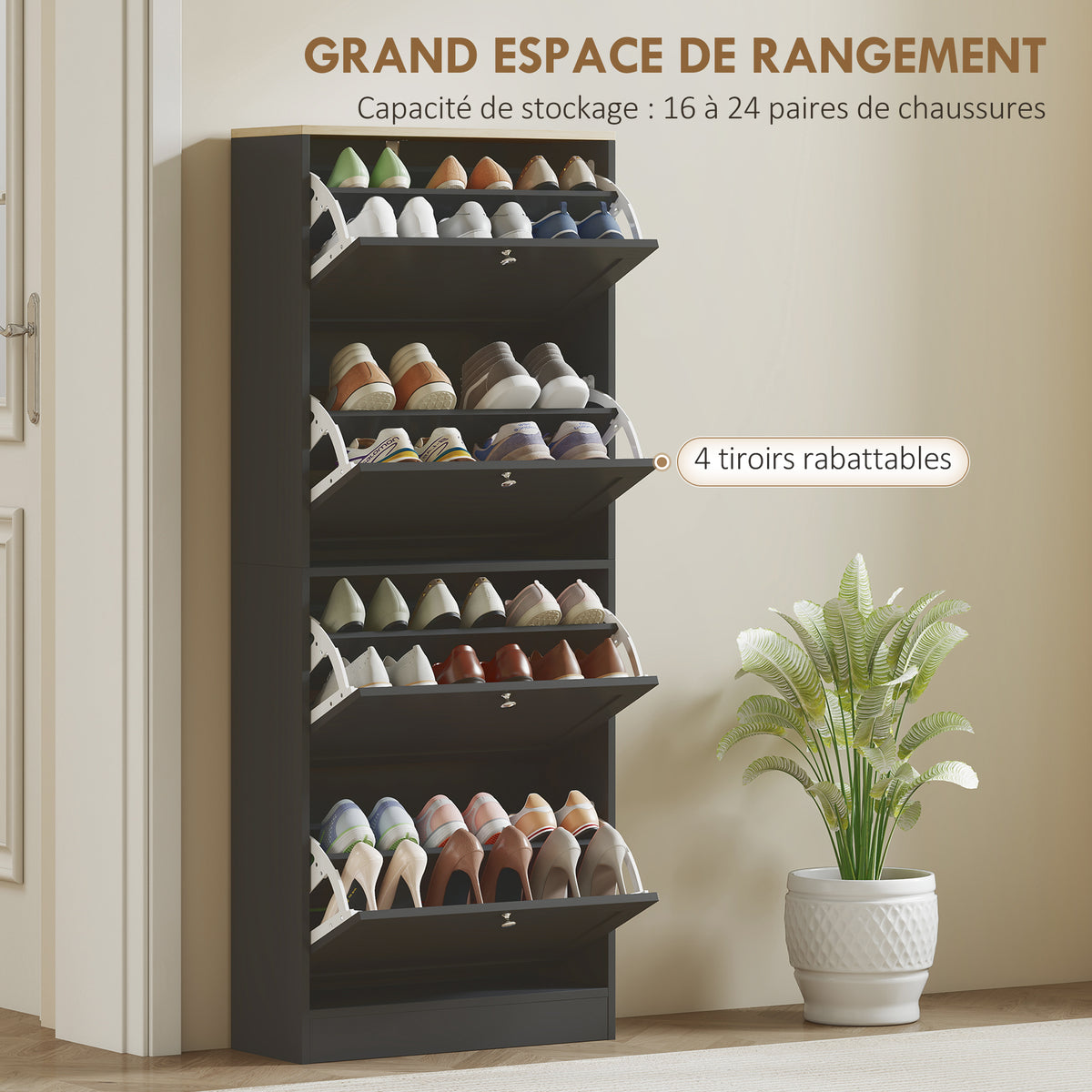 Meuble à chaussures 24 paires, armoire à chaussures avec 4 tiroirs rabattables, étagères réglables, 60x23,5x153cm, noir