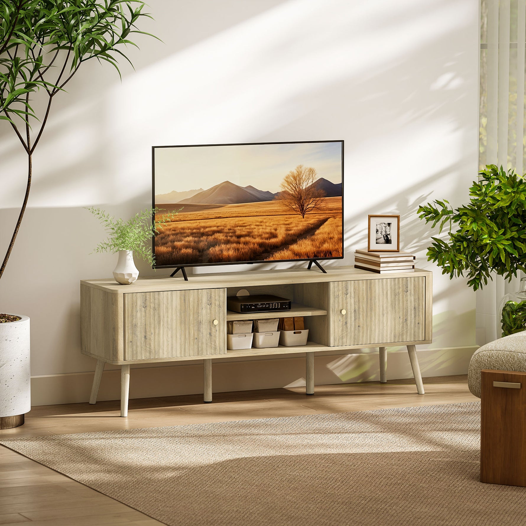 Meuble TV, meuble télé jusqu'à 65 pouces avec 2 portes, 2 compartiments ouverts, étagère réglable, 140x35x49cm, chêne