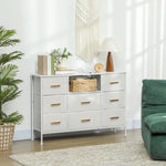 Commode 8 tiroirs en tissu bouclette, meuble de rangement avec 2 prises de courant, structure en acier 110x30x76cm crème