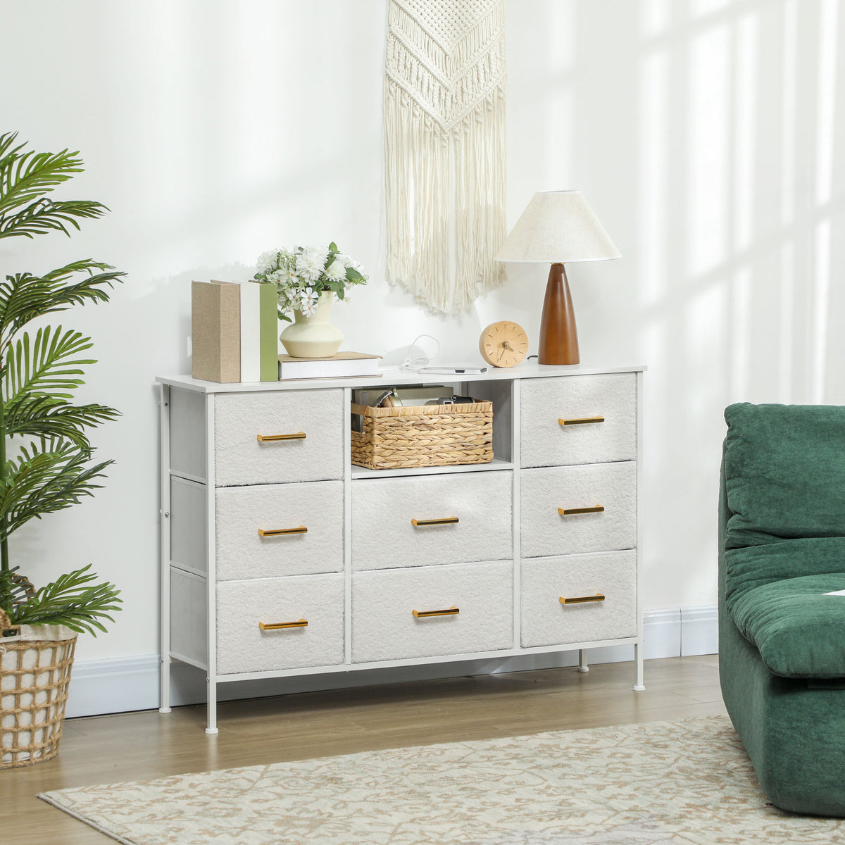 Commode 8 tiroirs en tissu bouclette, meuble de rangement avec 2 prises de courant, structure en acier 110x30x76cm crème