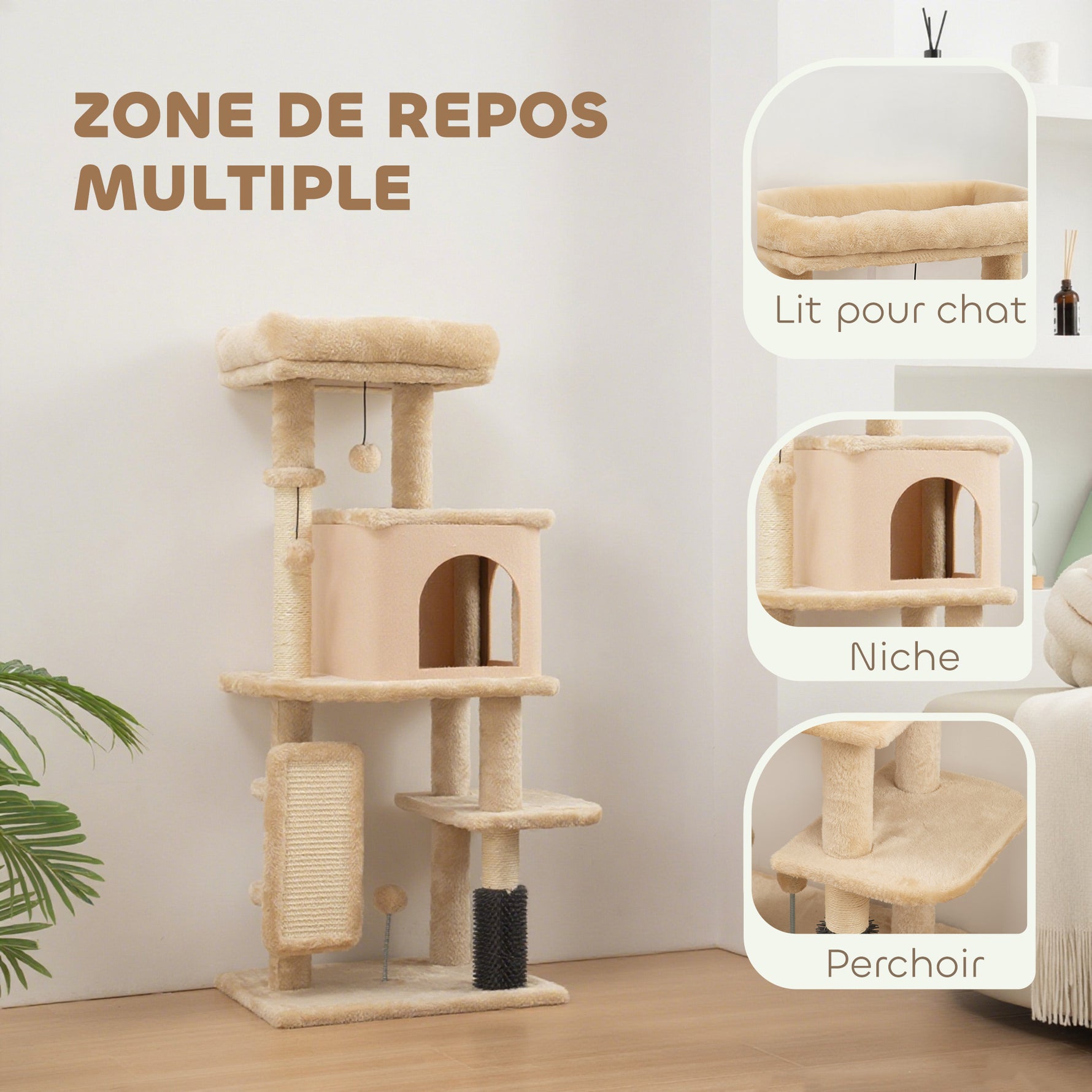 Arbre à chat, tour de jeux, hauteur de 132 cm, avec lit, maison, brosse de toilettage,  55 x 44 x 132 cm, beige