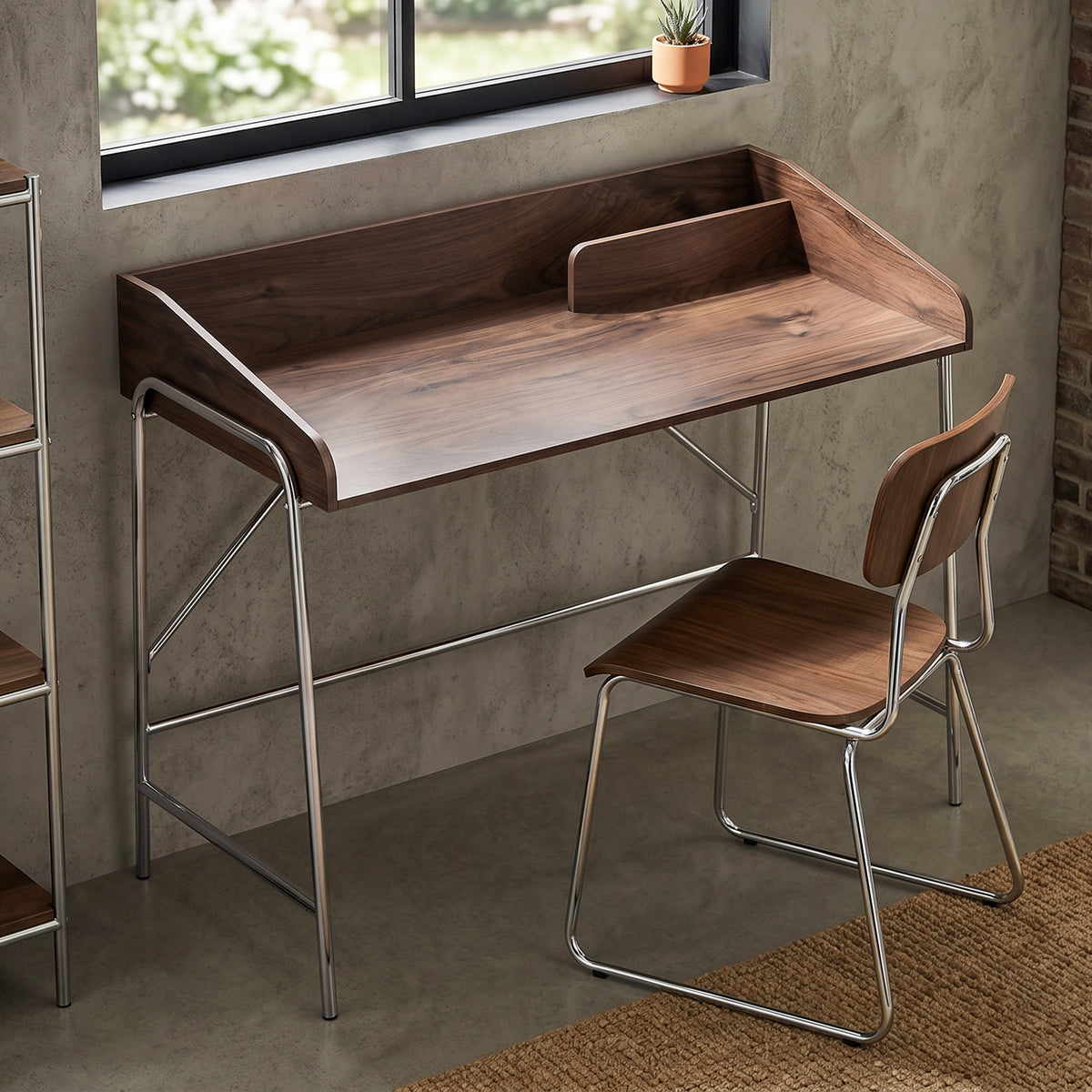 Bureau, bureau d'ordinateur 109 cm avec rebord de sécurité et structure en métal, noyer