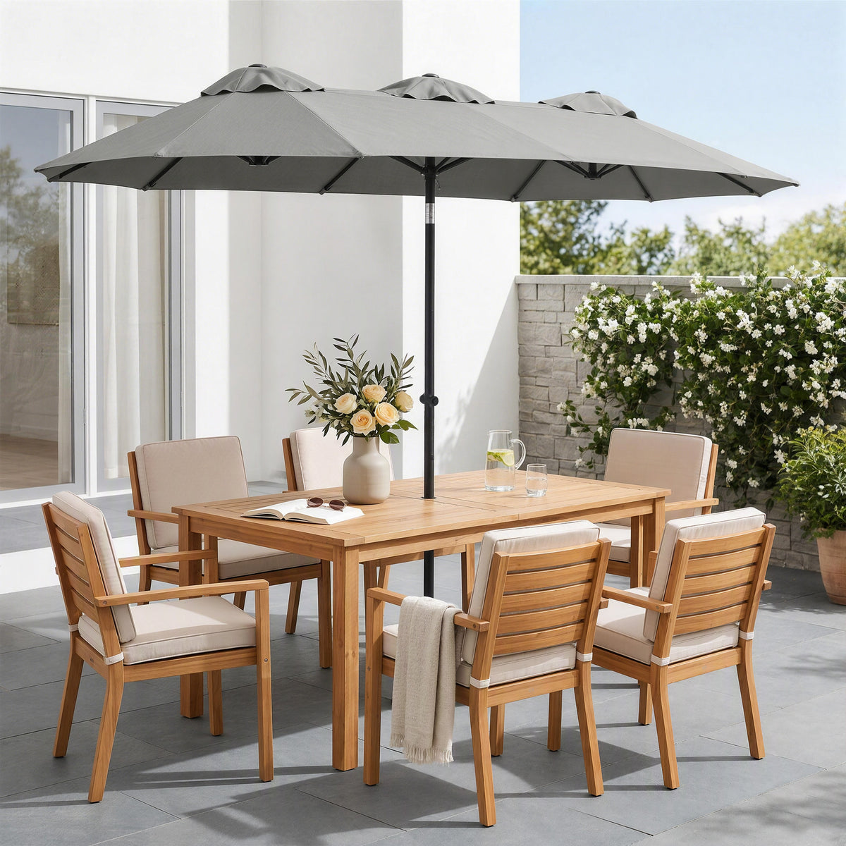 Neigbarer Garten- und Terrassen-Sonnenschirm 3 x 1,5 m, rechteckiger Doppelsonnenschirm mit Kurbel, Polyester 180 g/m², Grau