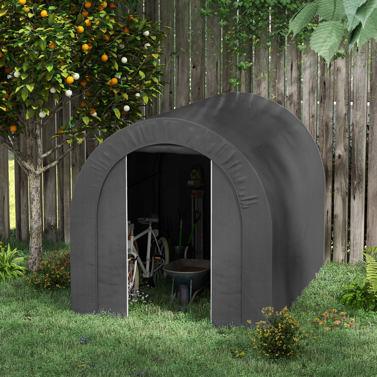 Lorategiko etxola, kanpoko biltegiratze-tenda, bizikleta-tokia, bizikleta-garajea, PE estalkia, metalezkoa, 2,4 x 1,8 x 1,9 m, gris iluna