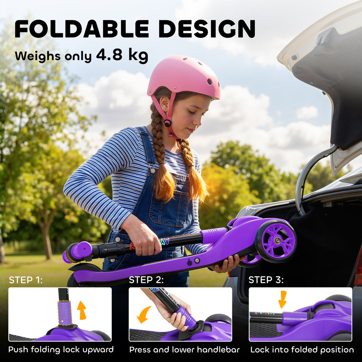 Electric scooter for children aged 6 to 10, foldable 3 wheels, zero-start, maximum speed 8 km/h 64x29x83cm purple