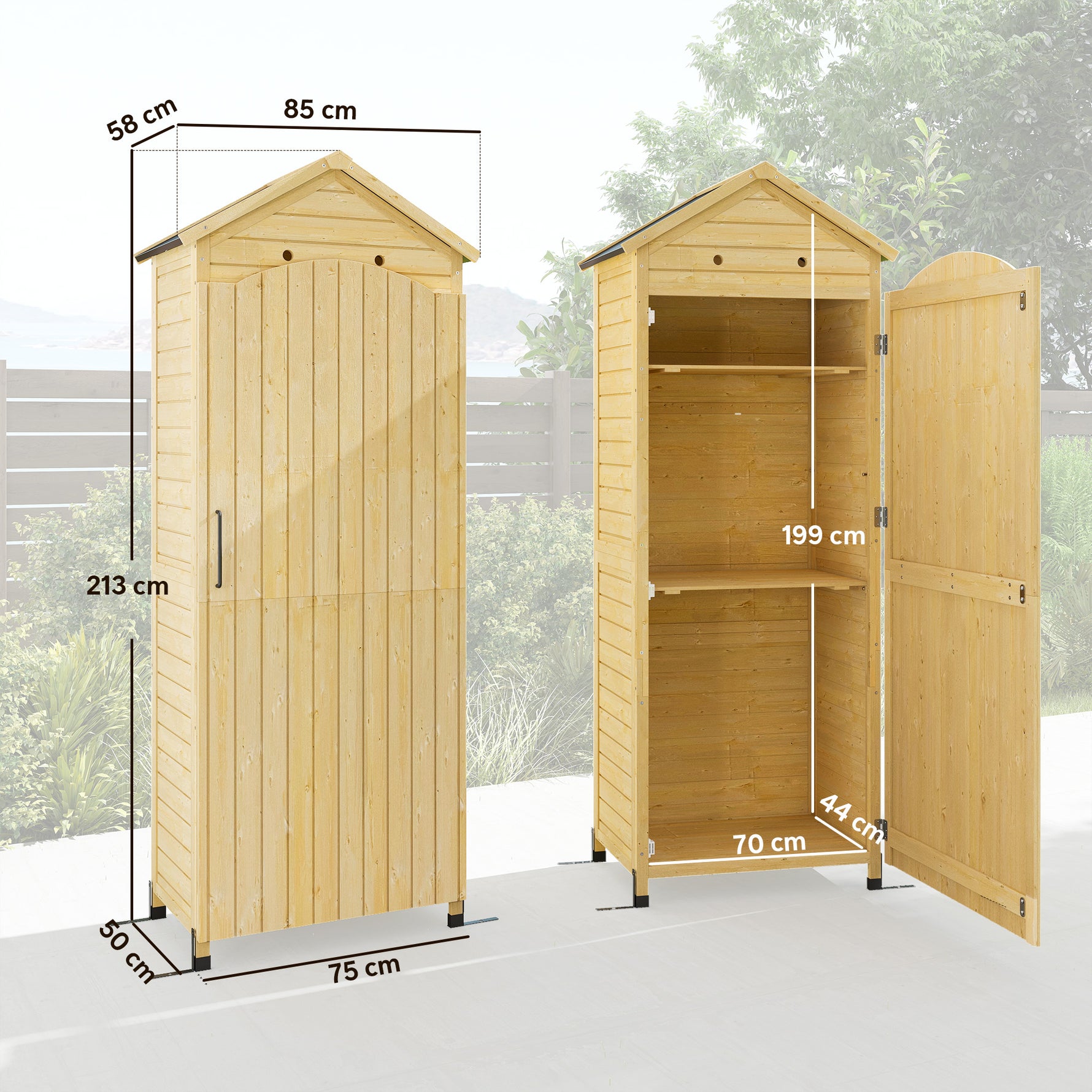 Armoire de Jardin en Bois Toit Acier Galvanisé Texture Gaufrée Étagères Réglables 85x58x213cm Bois Naturel