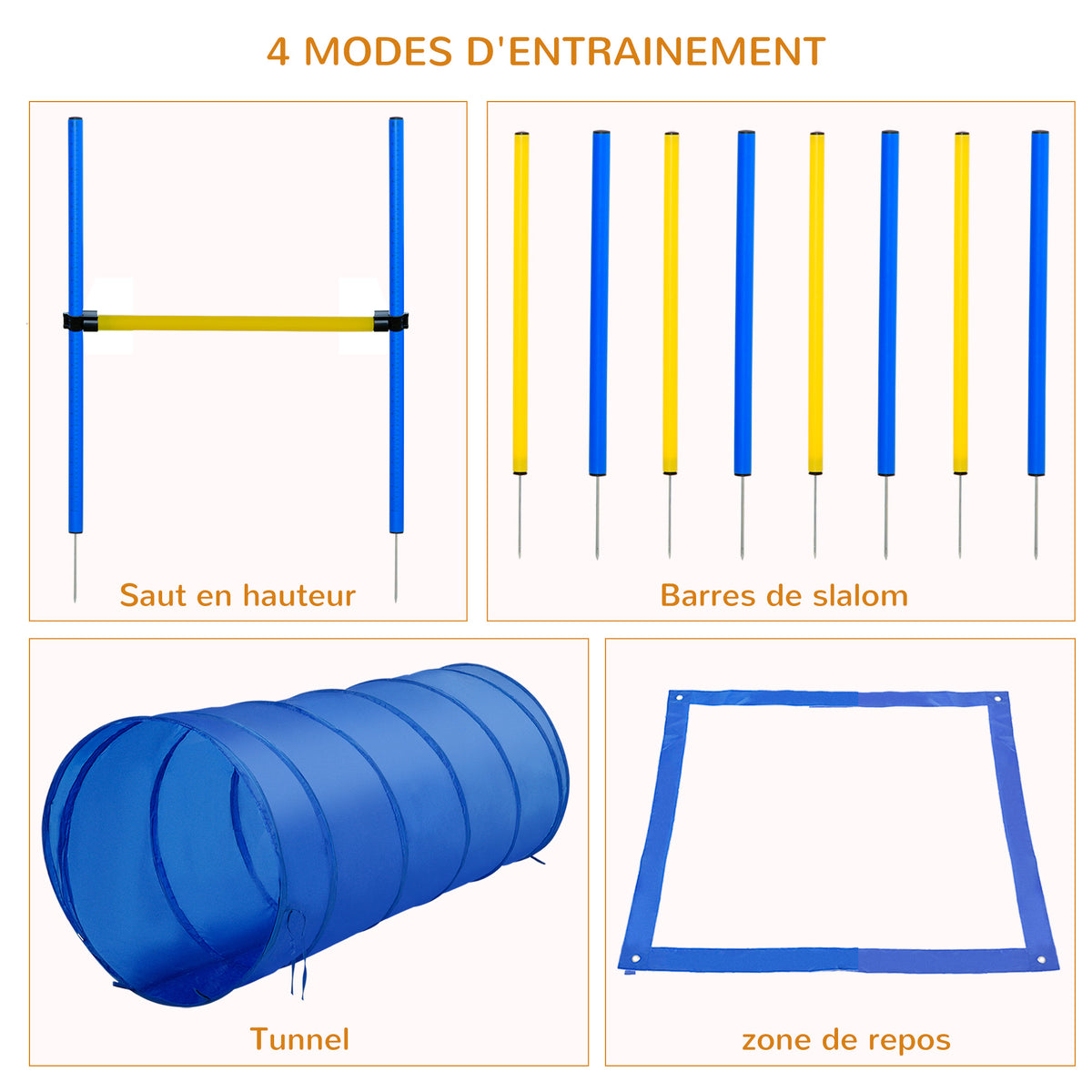 Agility sport pour chiens équipement complet obstacle, tunnel, slalom, zone repos + sac de transport bleu jaune