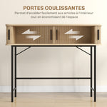 Console meuble, table console avec portes coulissantes à lattes et pieds en acier, pour salon, chêne et noir