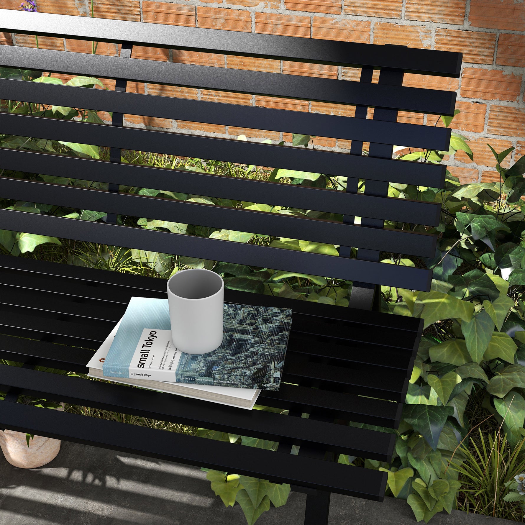 Banc de jardin extérieur 2 Places Assise Dossier à Lattes, en aluminium, dim. 123L x 67l x 79H cm, noir