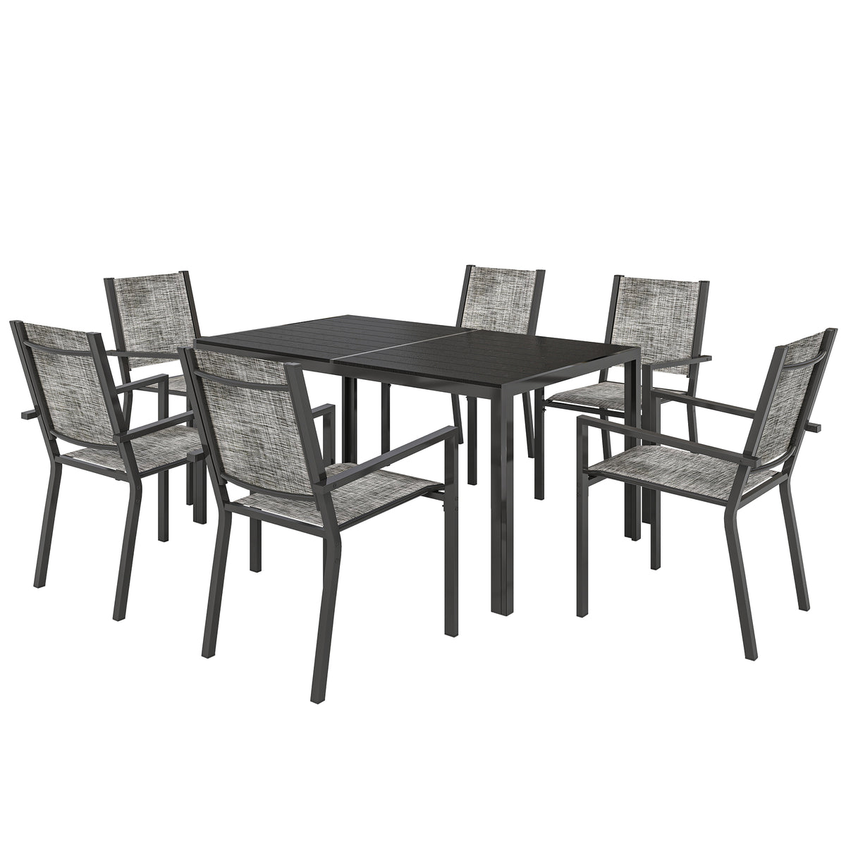 Table de jardin extérieure avec 6 chaises empilables, plateau à lattes 150 cm, structure en acier anti-rouille, noir