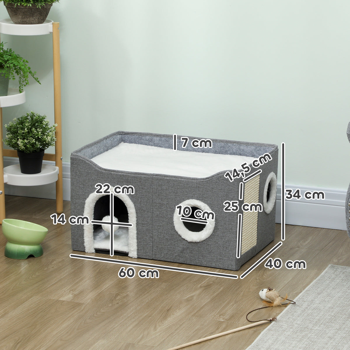 Niche Chat Interieur Pliable avec Griffoir, Lit Surélevé, Entrées, Jouet Suspendu, Coussin Réversible, 60x40x34cm, Gris