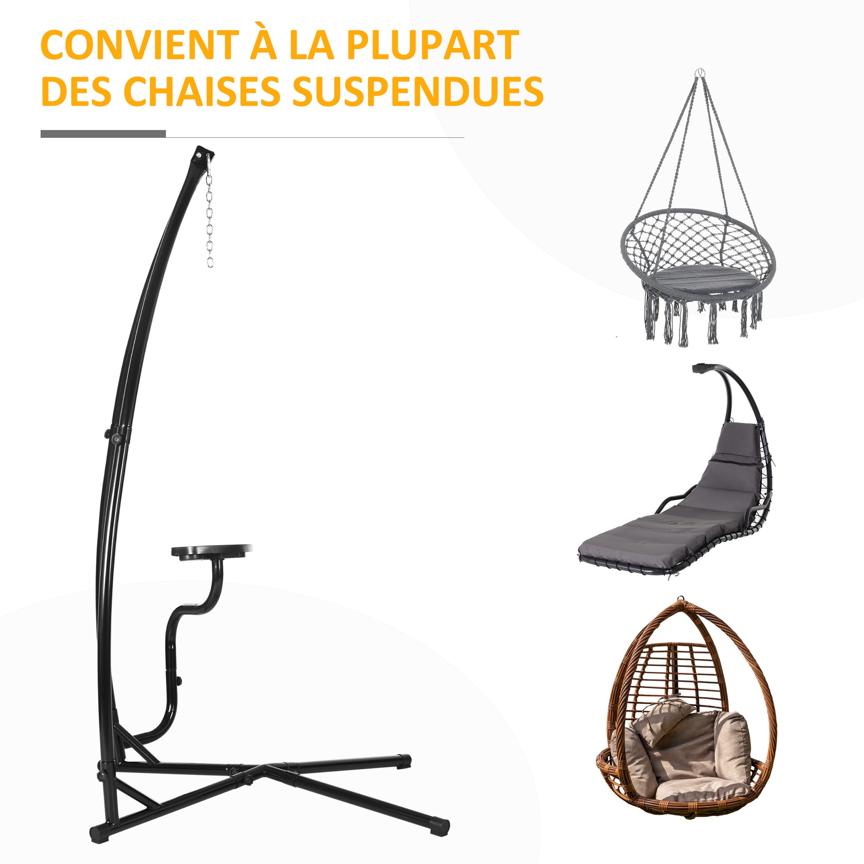 Support pour Fauteuil Suspendu - Pied Fauteuil Suspendu - Tablette réglable Incluse - max 120 Kg