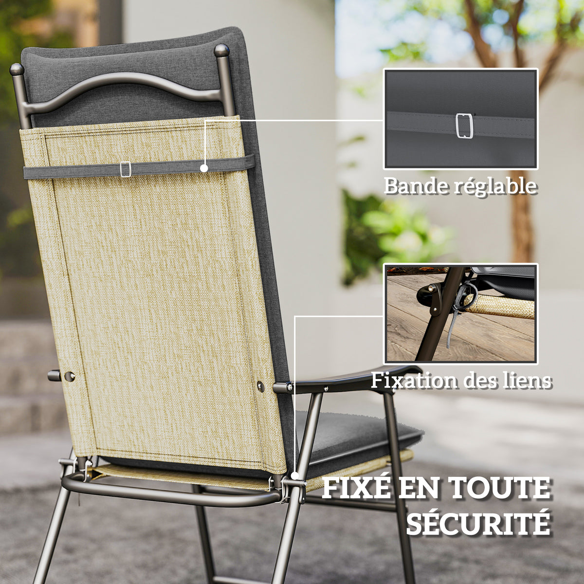 Lot de 4 coussins de chaise extérieur avec attaches et bande réglable, anti-décoloration UPF50+, 124x50x5cm, gris