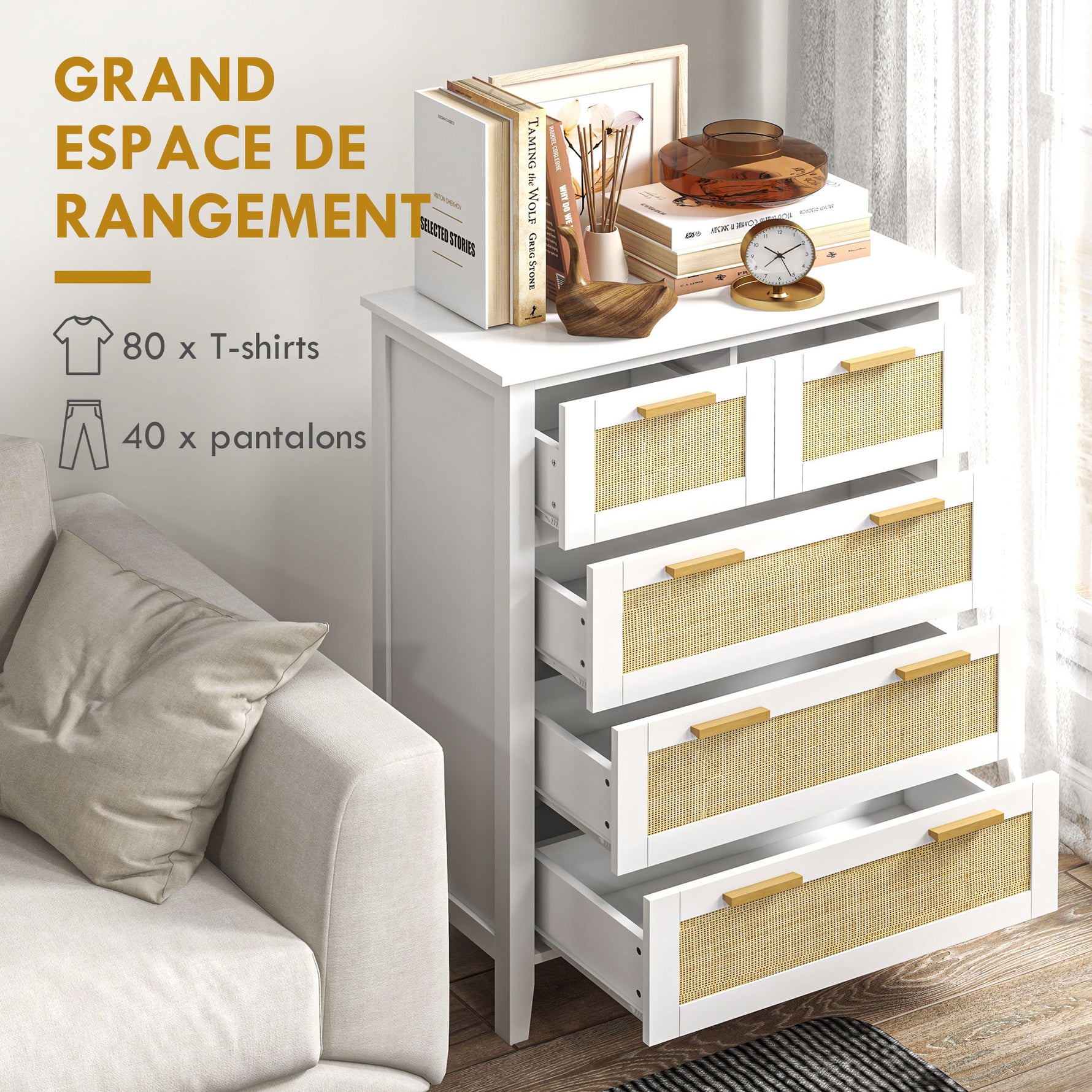 Commode 5 tiroirs poignées en bois massif glissières en métal pour bureau salon chambre à coucher 77 x 37 x 104 cm blanc