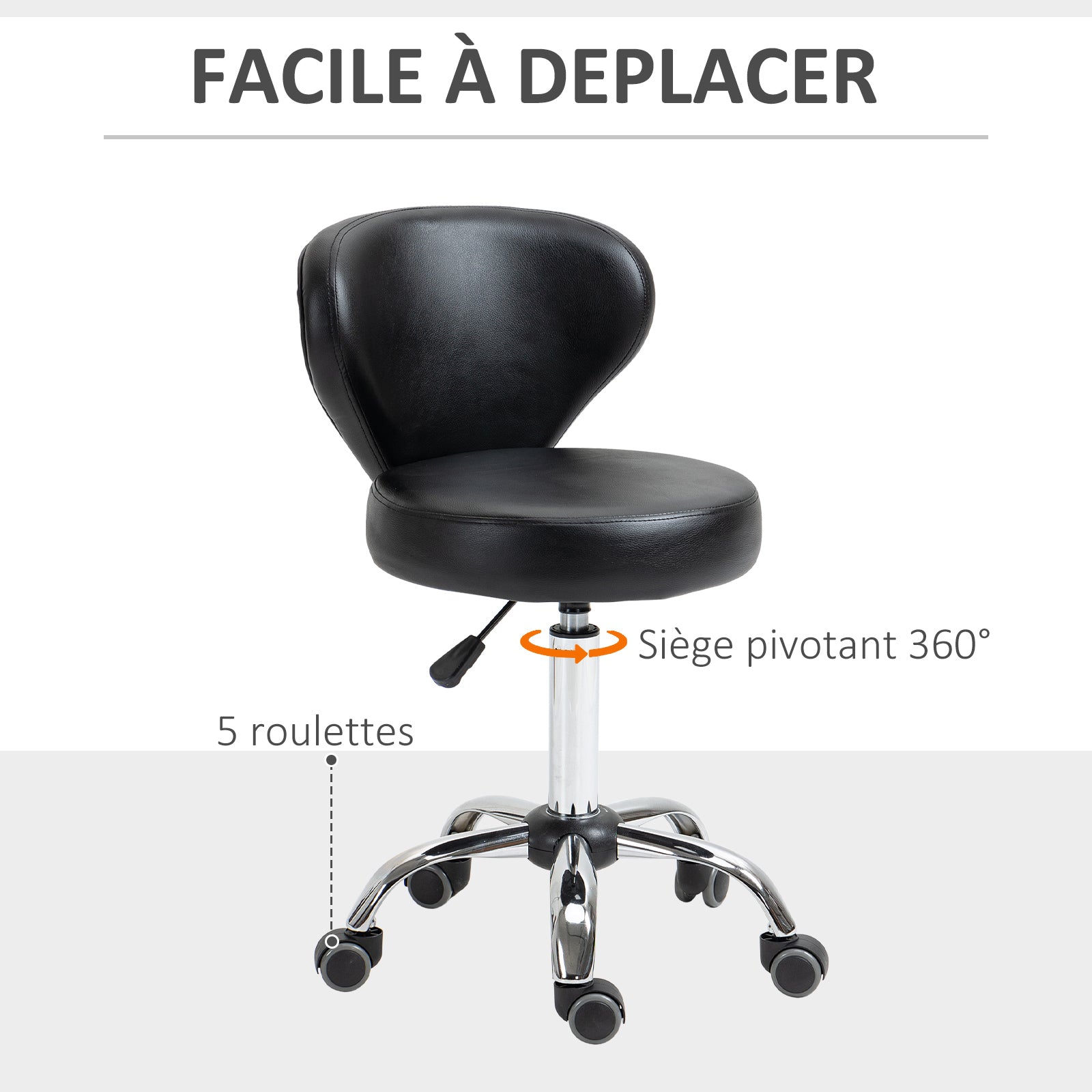 Tabouret à roulettes, tabouret de massage en PU avec hauteur réglable 73-88cm et dossier, chaise de travail pivotant 360°, cadre en acier, pour salon de massage, tatouage, clinique, spa, noir