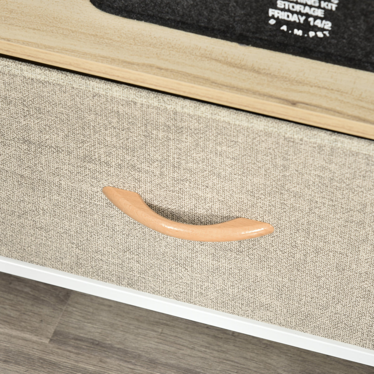 Meuble TV Bas sur Pieds Style Industriel 2 tiroirs en Tissu Gris Bois Naturel et métal Blanc