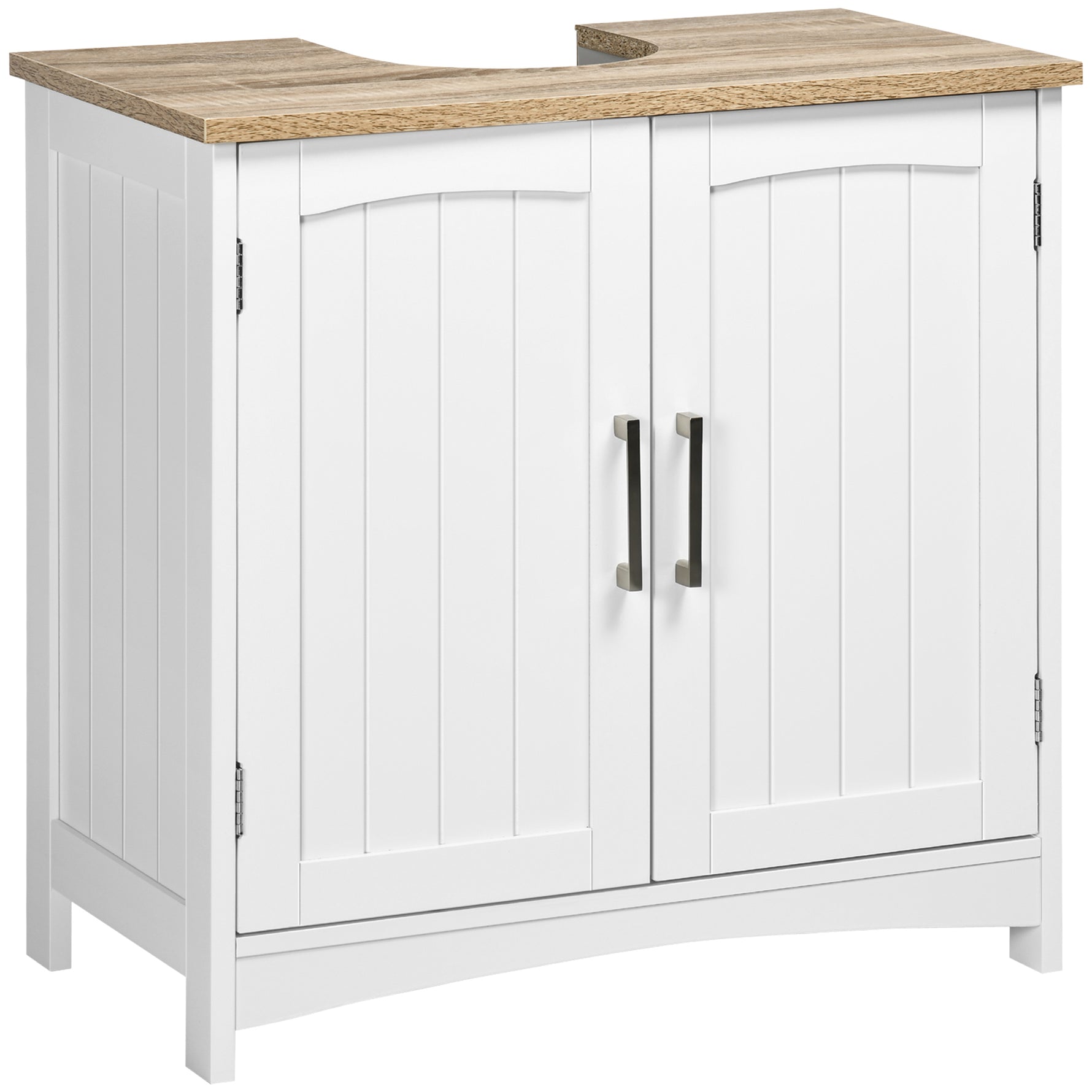 Meuble salle de bain sous lavabo à double portes avec étagères réglables, blanc et bois naturel