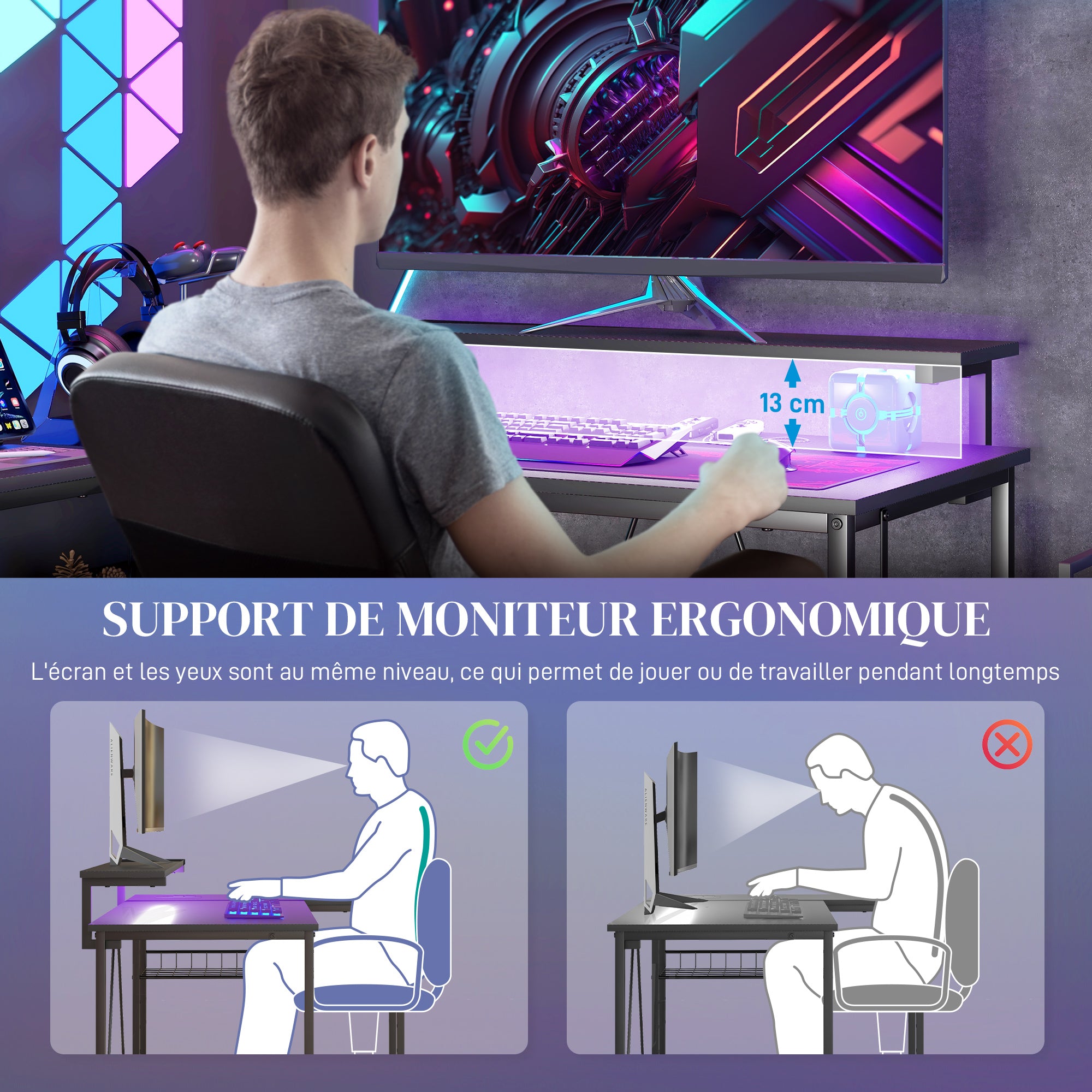 Bureau d'angle réversible, bureau d'ordinateur avec LED, 2 prises et 2 ports USB et panier réglable, 107x80x90cm, noir