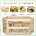 Cage à hamster à 3 niveaux bascules, fenêtres, cabanes, plateau coulissant, 115 x 60 x 55 cm, effet bois naturel