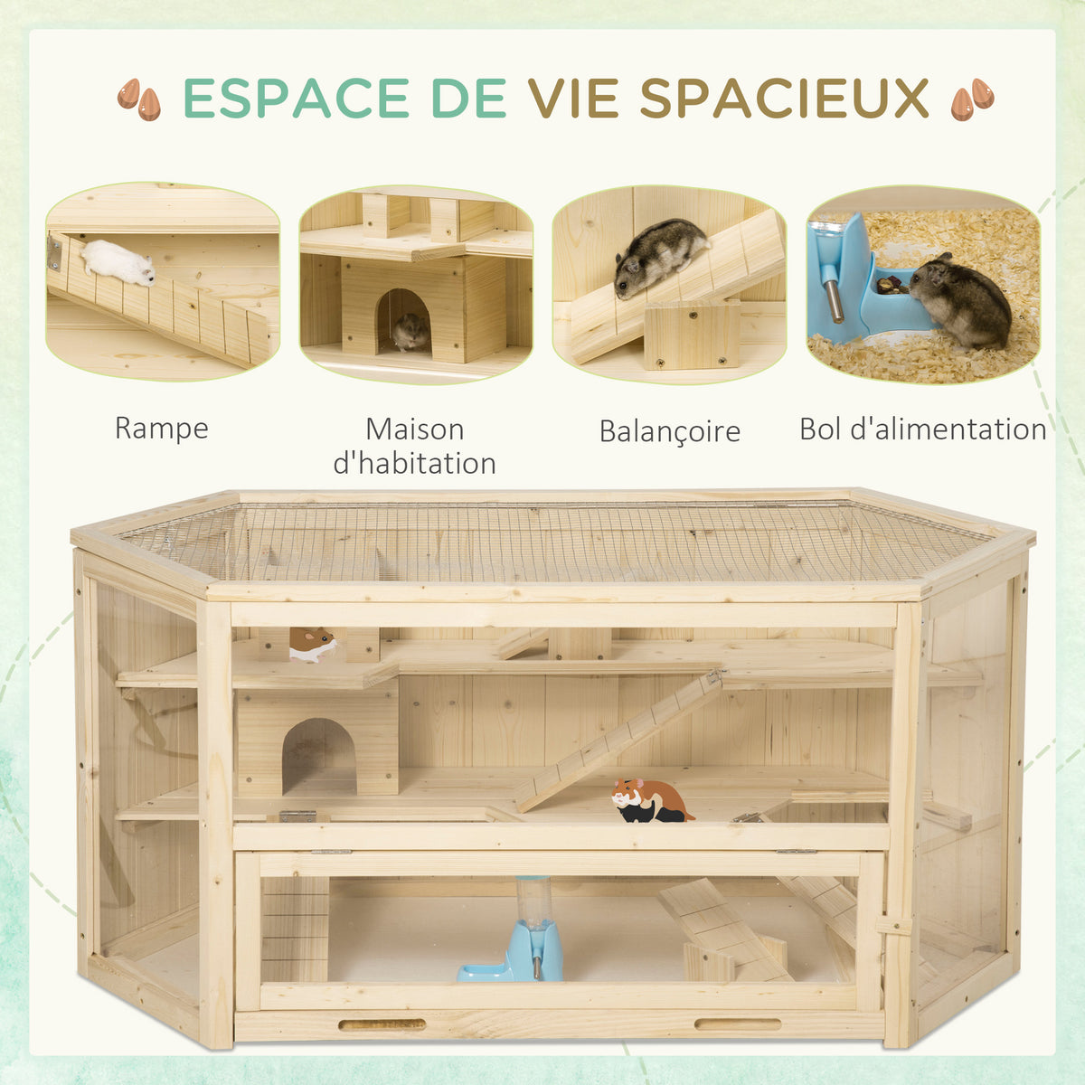 Cage à hamster à 3 niveaux bascules, fenêtres, cabanes, plateau coulissant, 115 x 60 x 55 cm, effet bois naturel