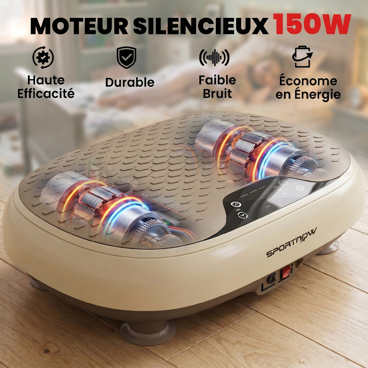Plateforme Vibrante, 20 Niveaux de Vitesse, 3 Programmes, Écran LED et Télécommande, 46 x 33 x 13,5 cm, Beige