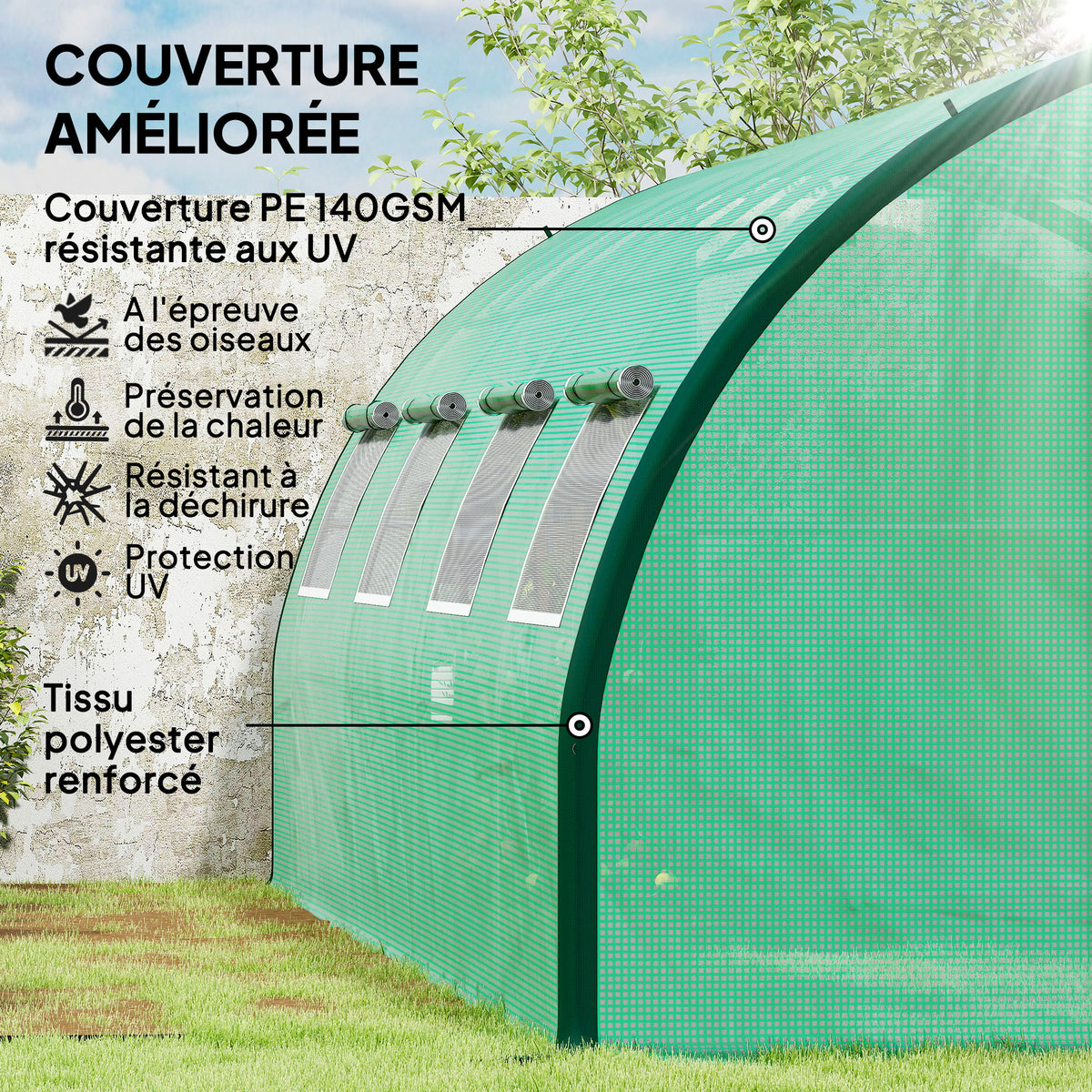 Serre de jardin tunnel serres tunnel 18 m² 8 fenêtres 2 portes articulées toile PE structure en fer galvanisé vert