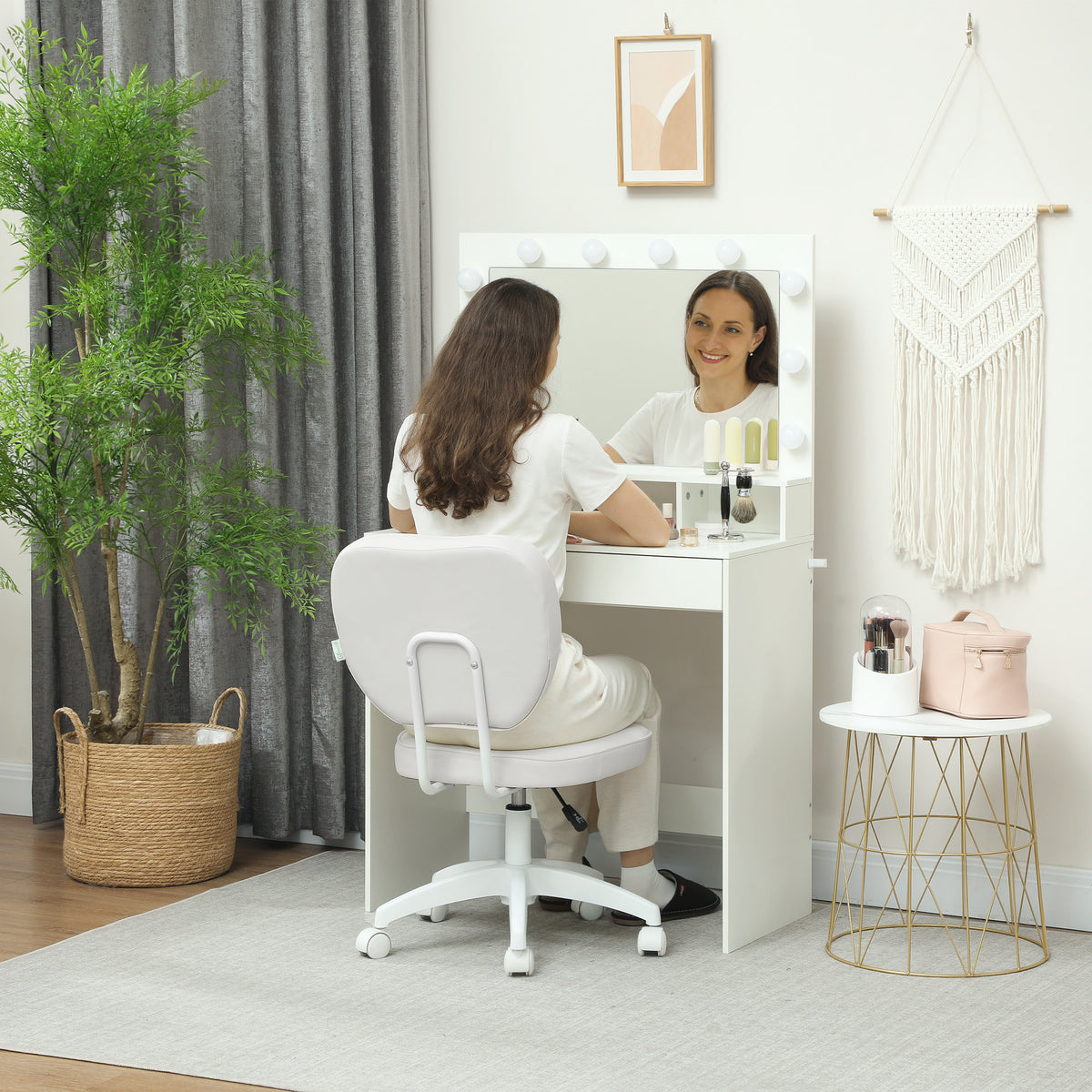 Chaise de bureau sans accoudoirs, fauteuil de bureau, hauteur réglable, pivotant 360°, 46 x 59 x 82-92 cm, blanc