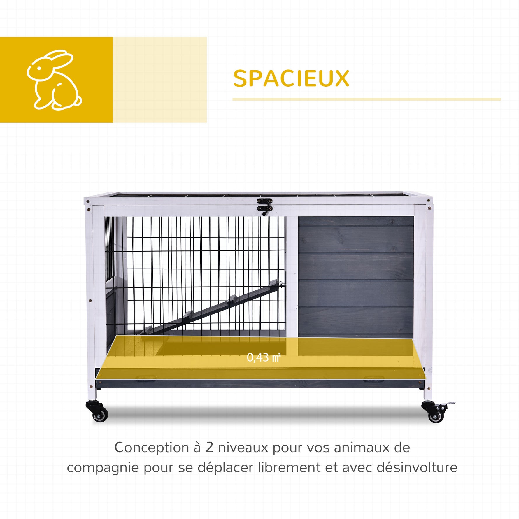 Clapier lapin intérieur, cage lapin avec toit ouvrant, roulettes, plateau amovible et rampe, cage en bois, 90 x 53 x 59 cm, gris foncé et blanc