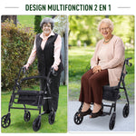 Déambulateur 4 roues - déambulateur pliable léger - assise + dossier rembourré - poignées ergonomiques, freins à main - panier rangement - cale-pied - métal noir