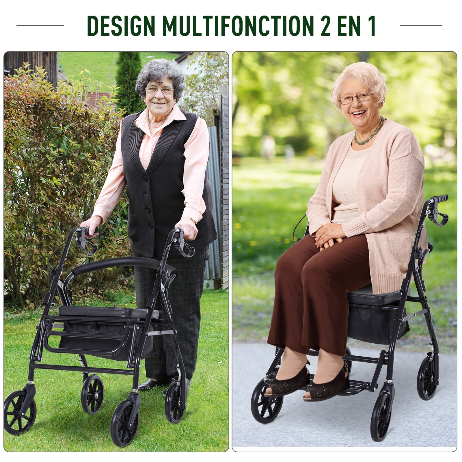 Déambulateur 4 roues - déambulateur pliable léger - assise + dossier rembourré - poignées ergonomiques, freins à main - panier rangement - cale-pied - métal noir