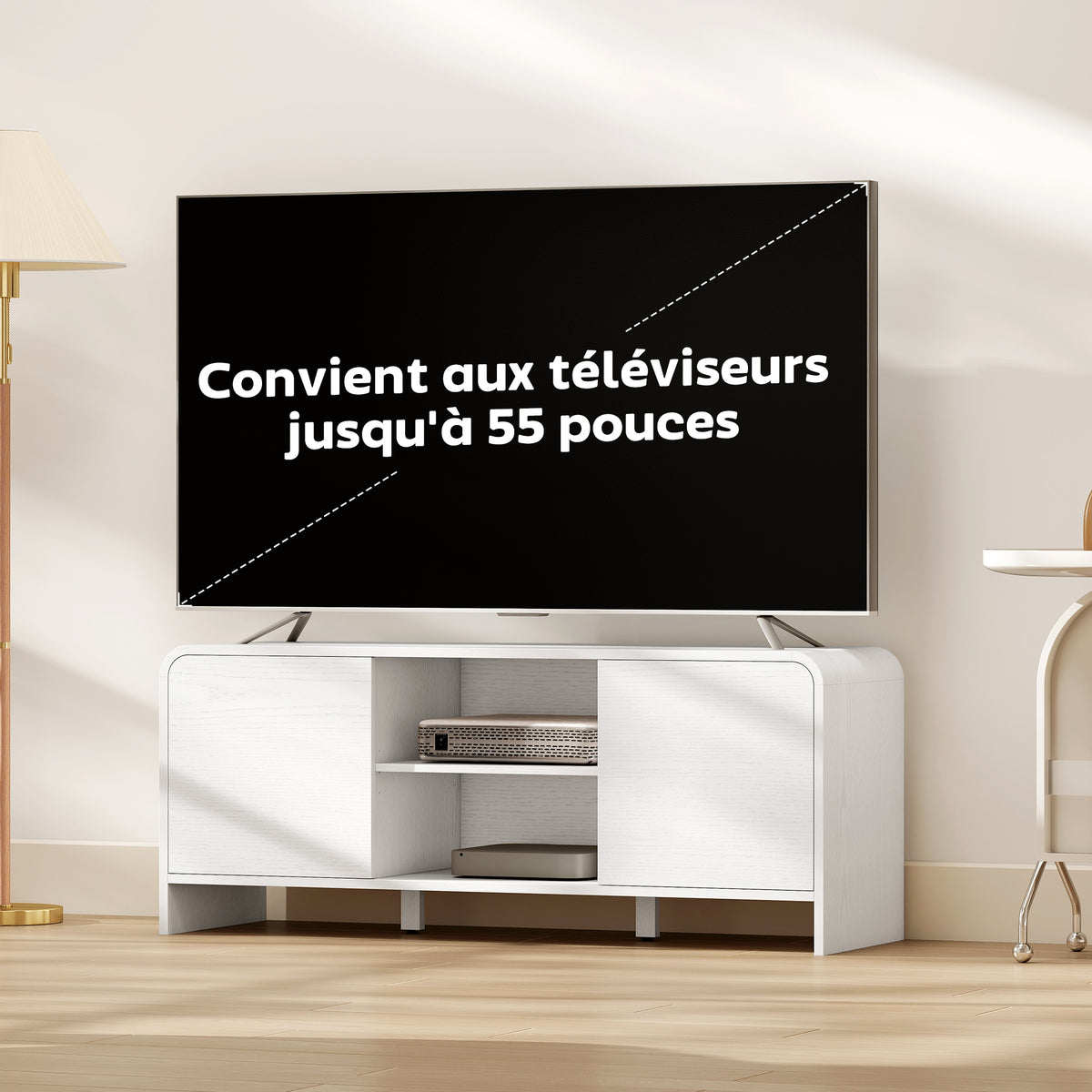 Meuble TV meuble télé pour téléviseur jusqu'à 55 pouces 2 portes 2 compartiments étagère réglable 110x35x45cm blanc