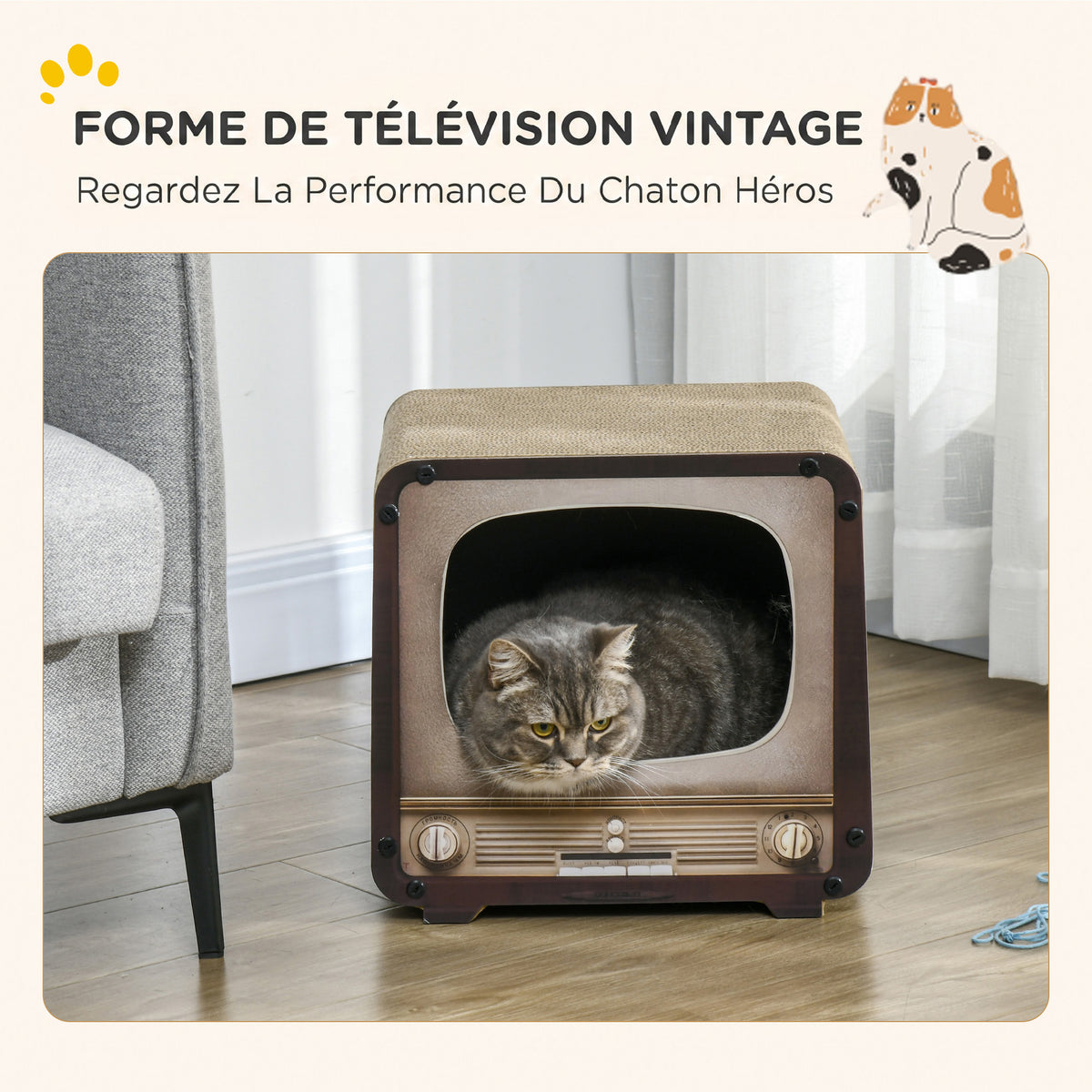 Griffoir pour Chat 2 en 1 en Forme de Téléviseur, Maison et Tapis à Griffer en Carton Ondulé, 39x29x37cm, Marron