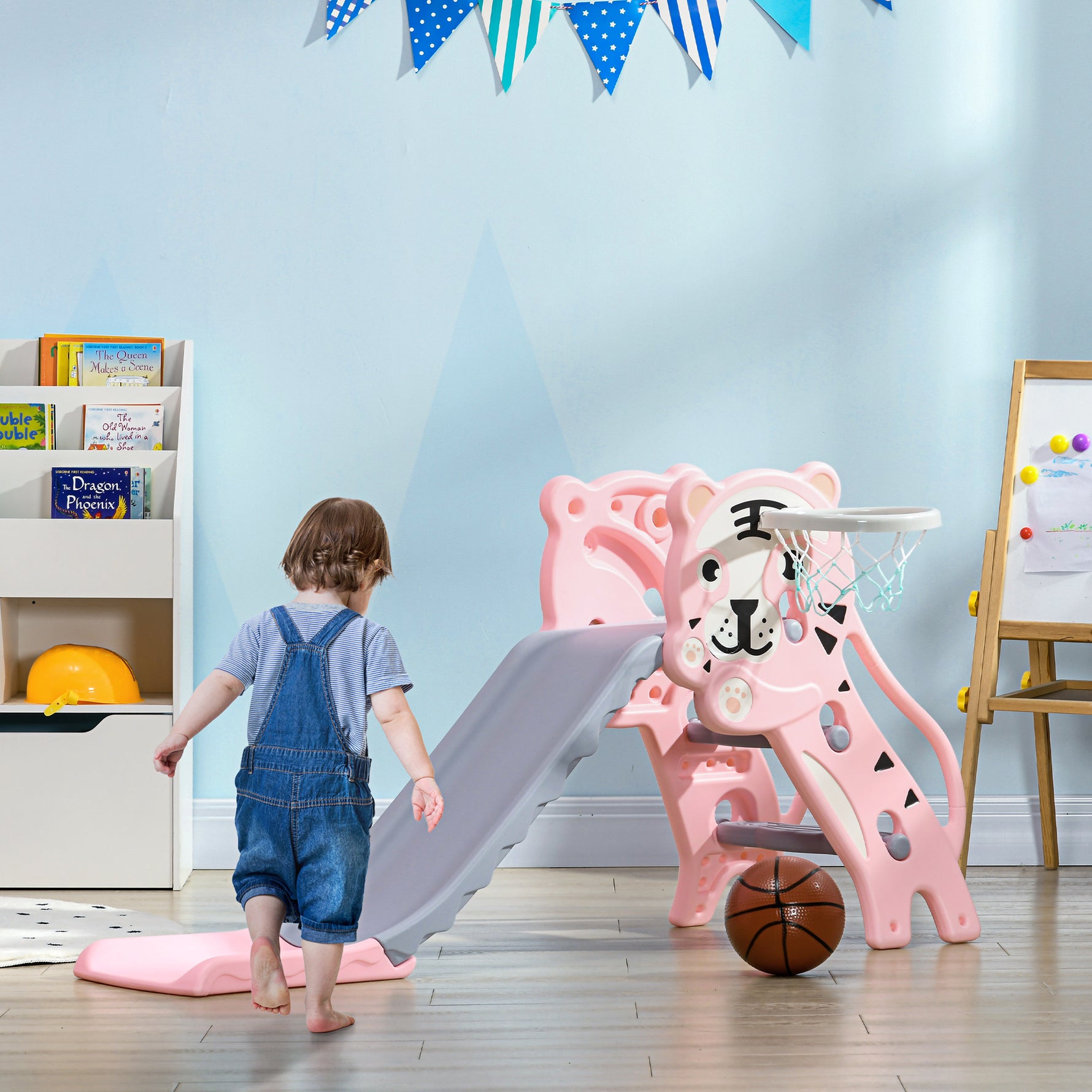 Toboggan pour enfants, toboggan intérieur pour enfants, avec panier de basket, thème tigre, de 18 à 36 mois, rose