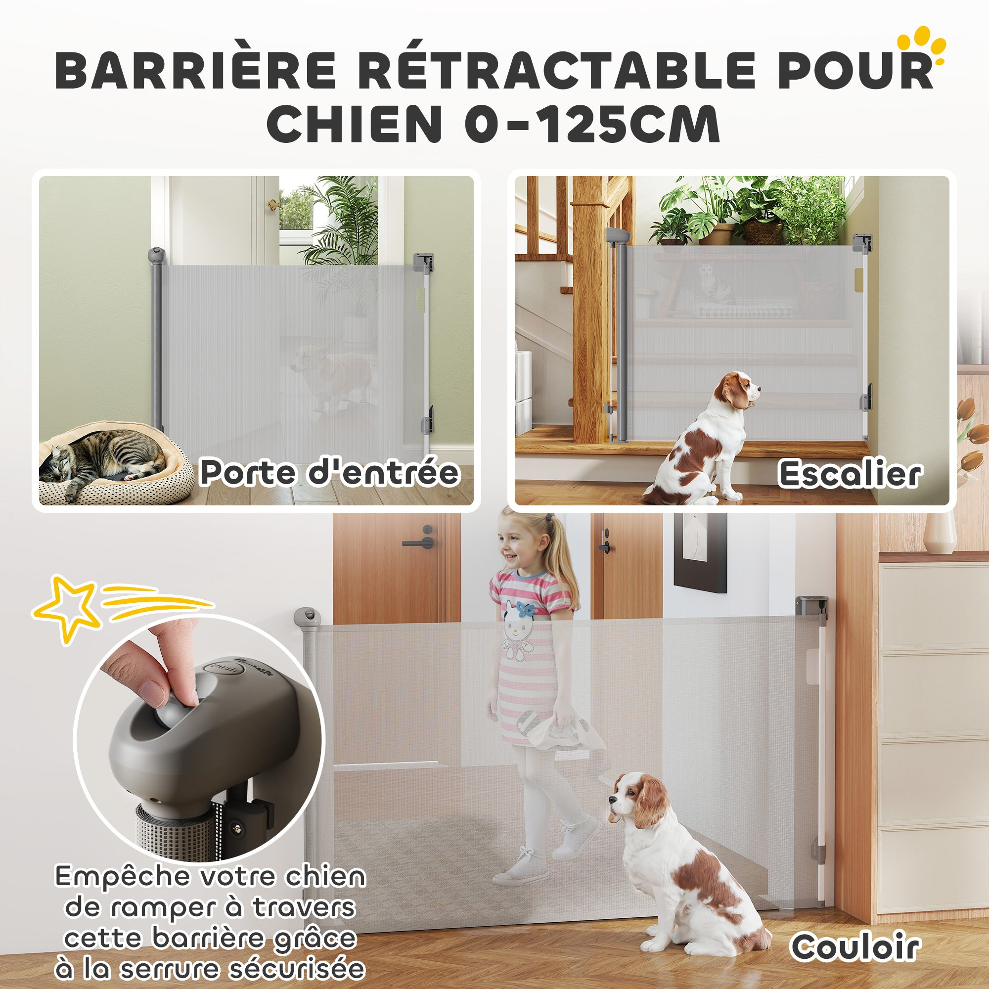 Barrière rétractable pour chien largeur 149 cm verrouillage automatique - gris