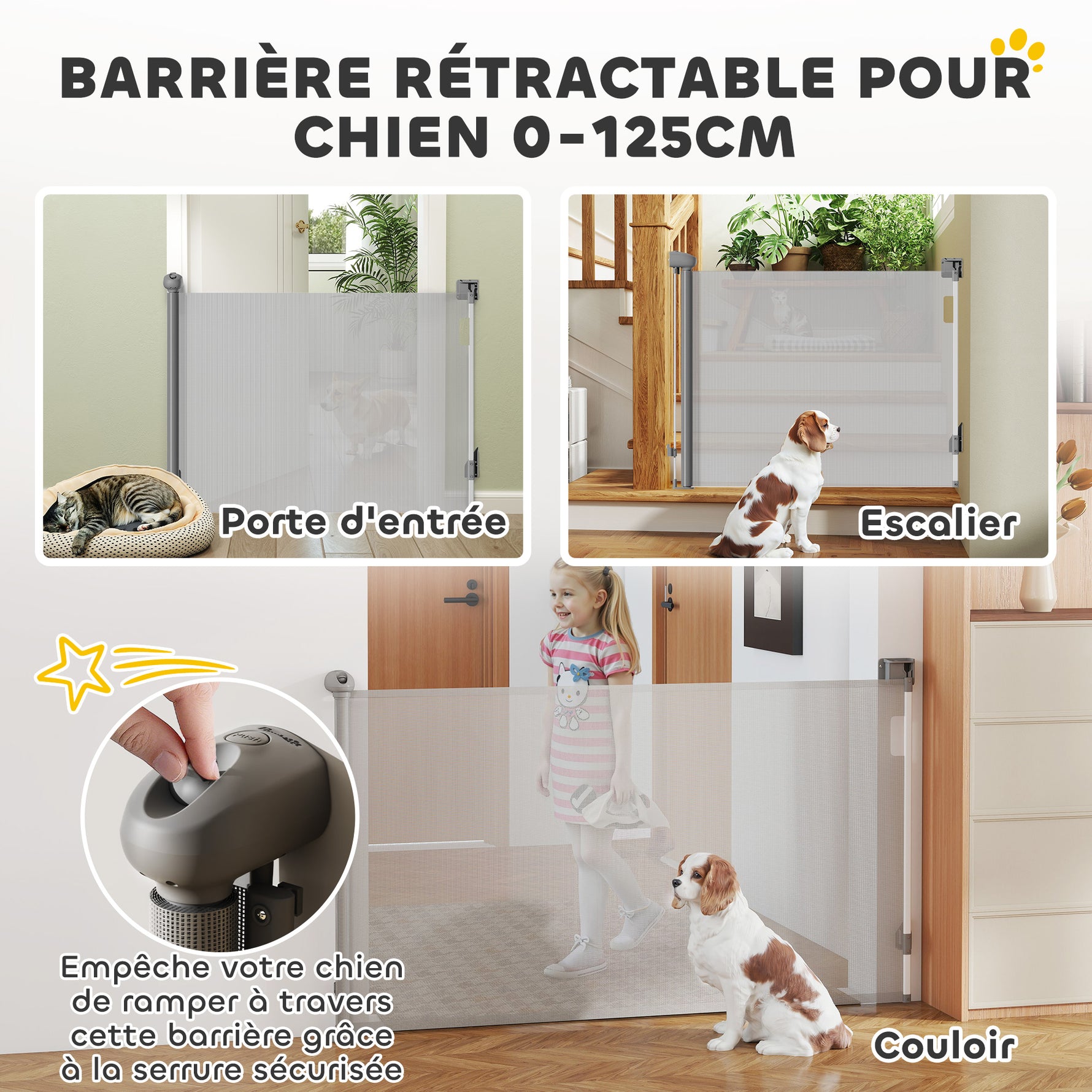 Barrière rétractable pour chien largeur 149 cm verrouillage automatique - gris