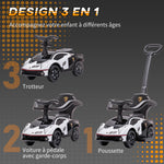 Voiture à pousser pour enfants porteur enfants 1 à 3 ans multi-équipée avec poignée de poussée, klaxon et volant, Blanc