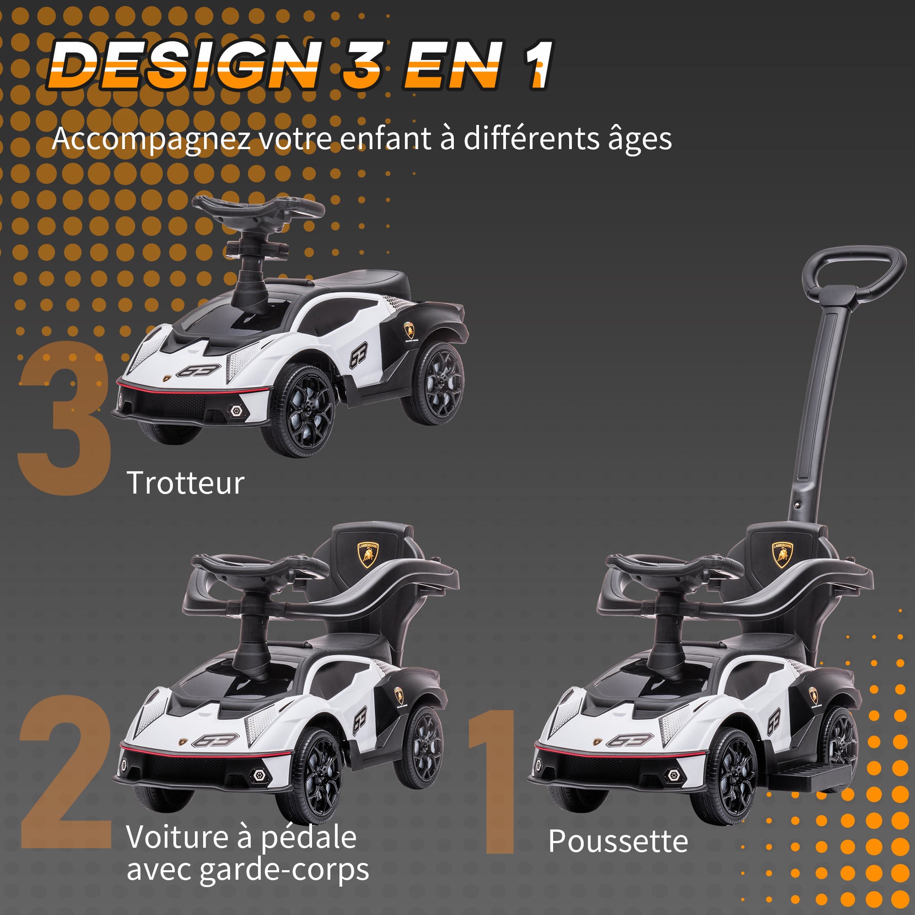 Voiture à pousser pour enfants porteur enfants 1 à 3 ans multi-équipée avec poignée de poussée, klaxon et volant, Blanc