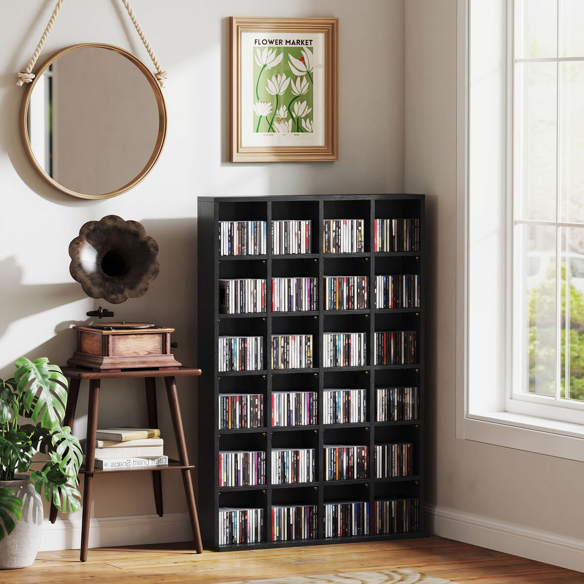 Meuble de rangement multimédia 456 CD/ 336 DVD - bibliothèque en bois avec étagères réglables, 89 x 130,5 cm, noir