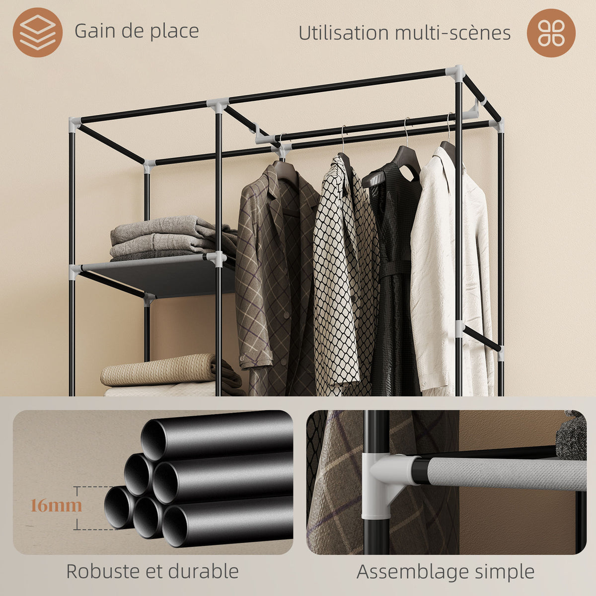 Armadio guardaroba in tessuto mobile contenitore 6 ruote asta appendiabiti e ripiani a giorno 103x43x162,5cm grigio