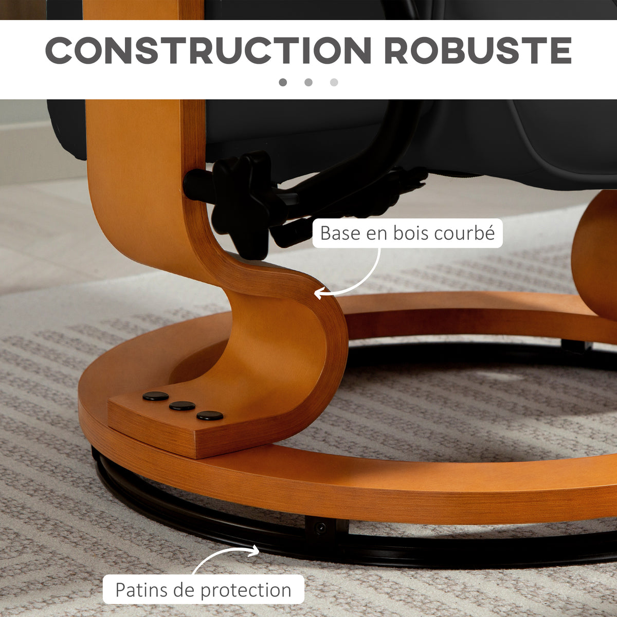 Fauteuil de relaxation inclinable avec repose-pied, pivotant, cadre en bois , revêtement synthétique noir